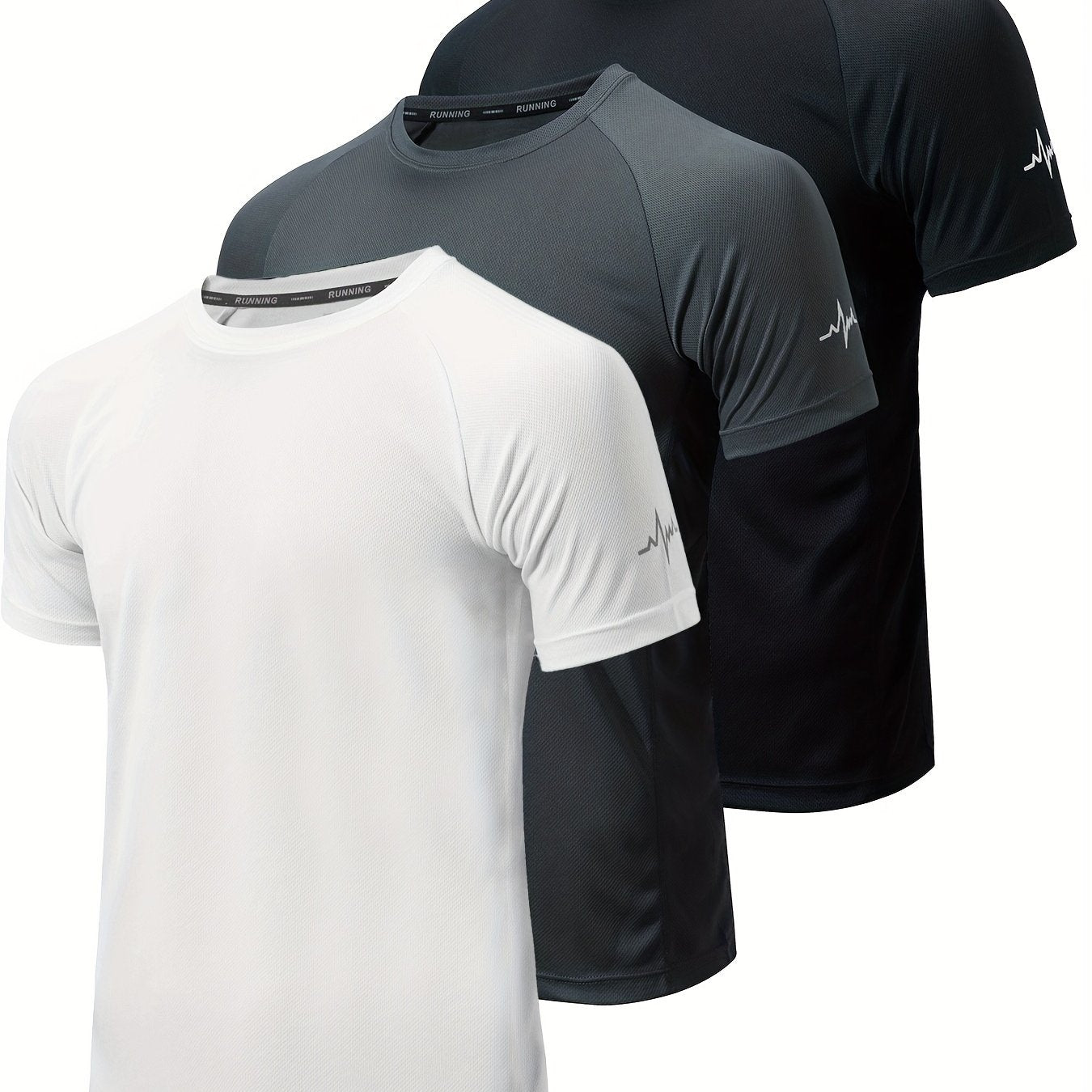 3pcs Men's Athletic Compression T-Shirts - Moisture-Wicking, Breathable Mesh Workout Shirts, Short Sleeve, Round Neck - Black, White, Camo Pattern - Perfect for Gym, Running & Training, Gym Wear | Round Neck Tee | Nontranspar