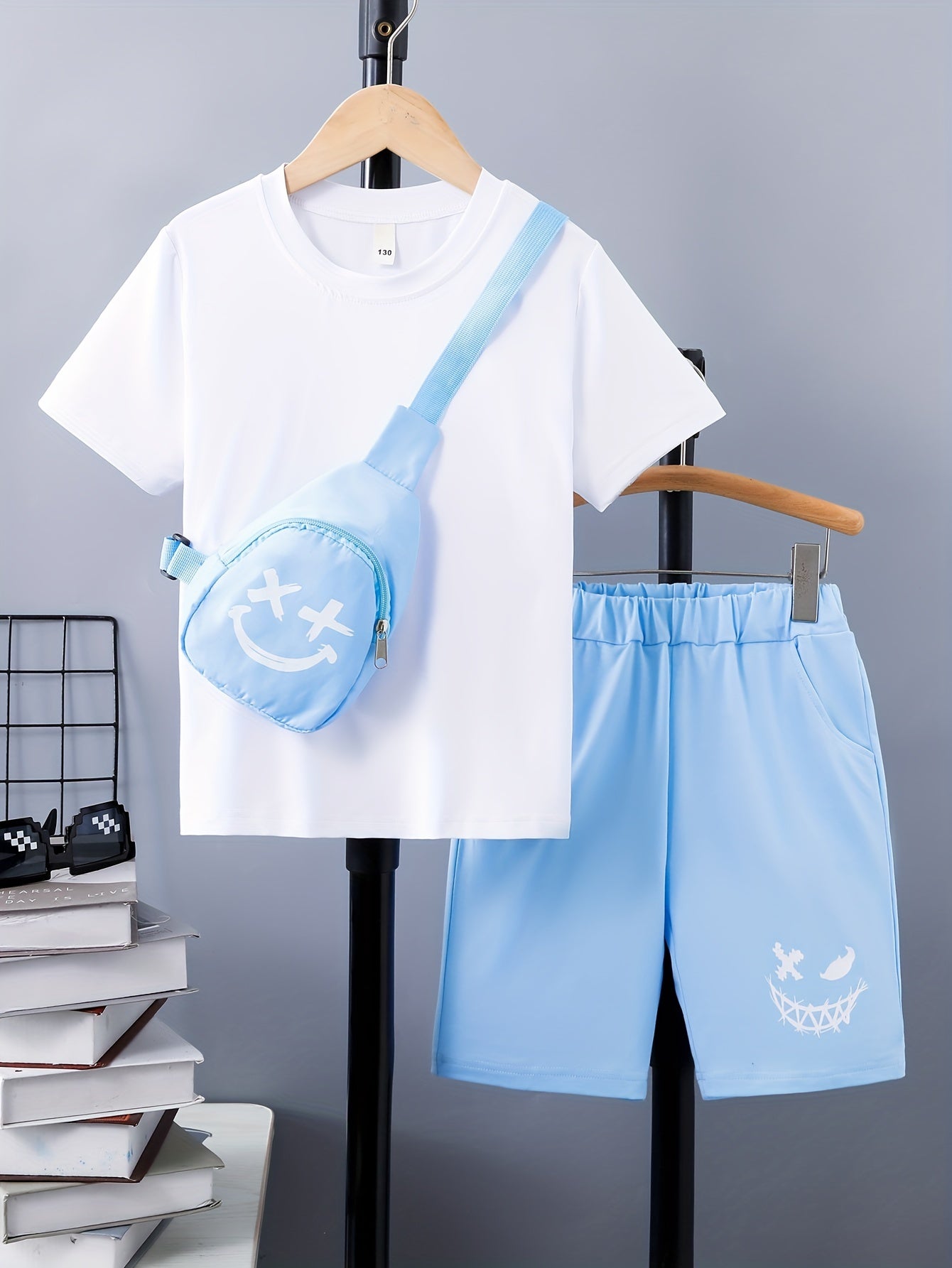3pcs Boy's Smile Face Print Short Sleeve Casual T-Shirts & Shorts & Backpack Set, Comfy Soft Stretchable Outfits, Children's Clothing
