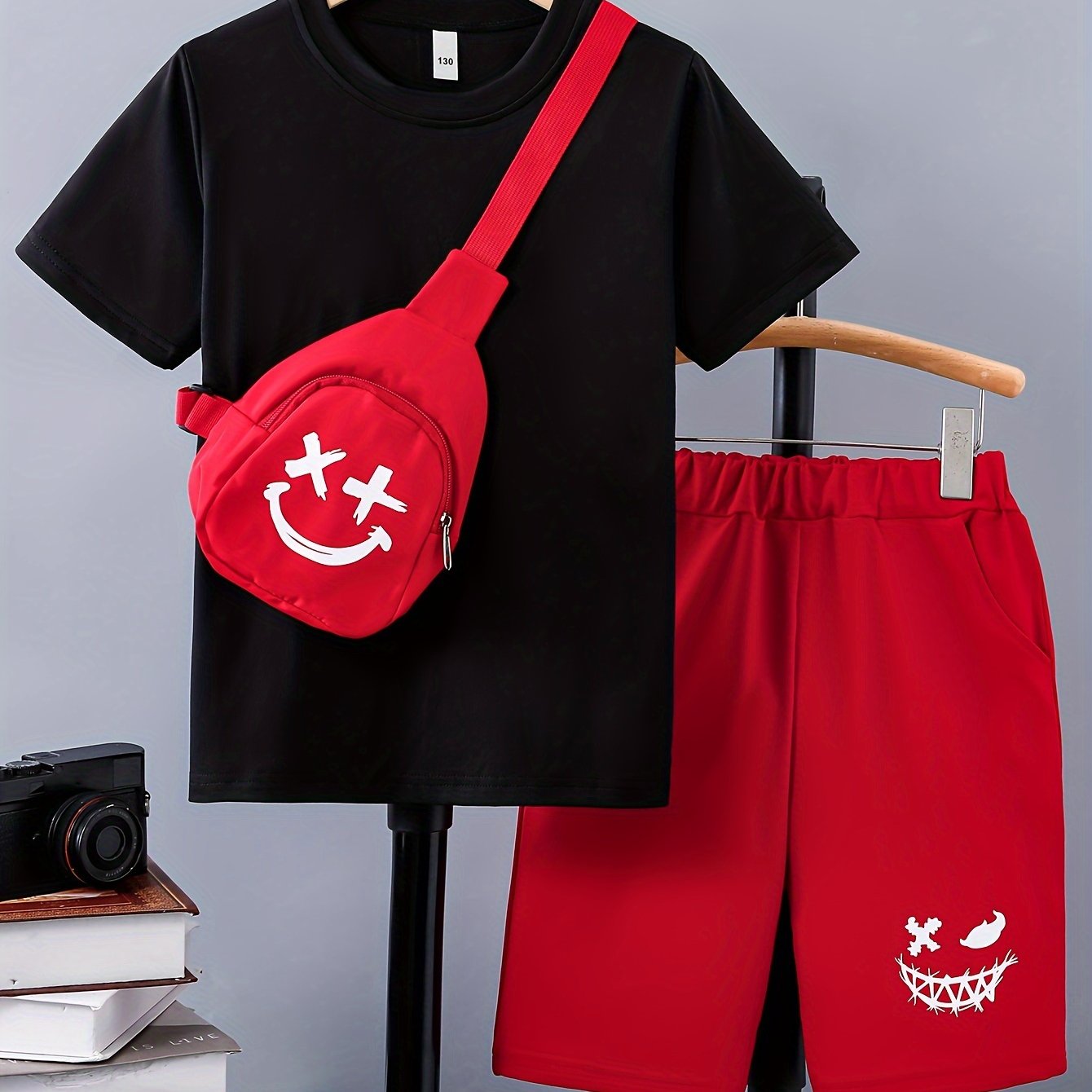 3pcs Boy's Smile Face Print Short Sleeve Casual T-Shirts & Shorts & Backpack Set, Comfy Soft Stretchable Outfits, Children's Clothing