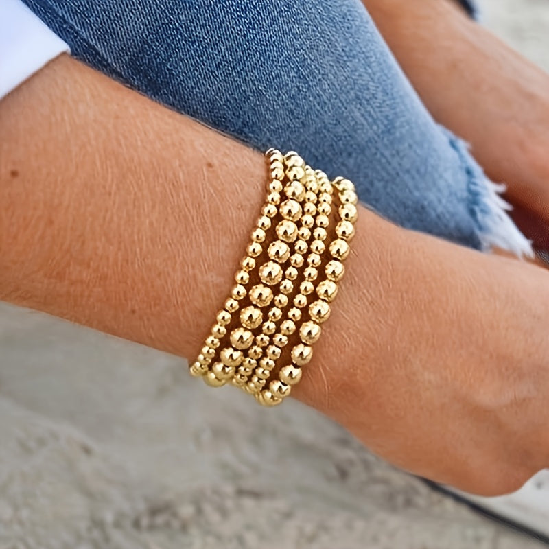 1 Piece 14K Plated Beaded Stackable Stretch Bracelet - Adjustable, Handcrafted, Dainty Jewelry for Women and Girls - Perfect for Everyday Wear and Gift Giving