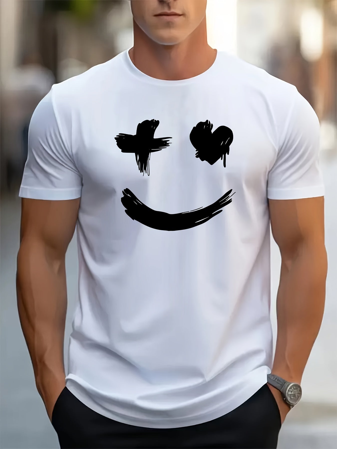 Men's Casual Trendy Smile Graphic Print Comfortable Crew Neck Short Sleeve T-shirts, Summer Top Tees
