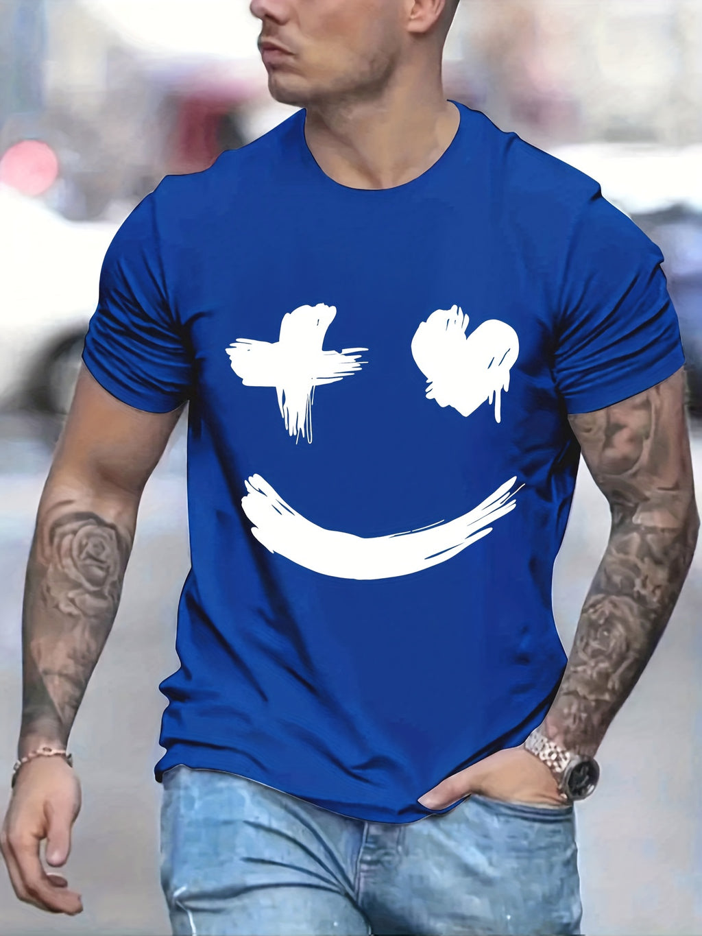 Men's Casual Trendy Smile Graphic Print Comfortable Crew Neck Short Sleeve T-shirts, Summer Top Tees