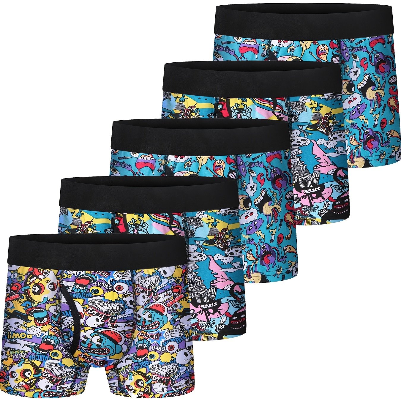 5-Piece Boys Ultra-Soft Cotton Boxer Brief Set - Moisture-Wicking, Vibrant Cartoon Prints, Athletic Sport Performance