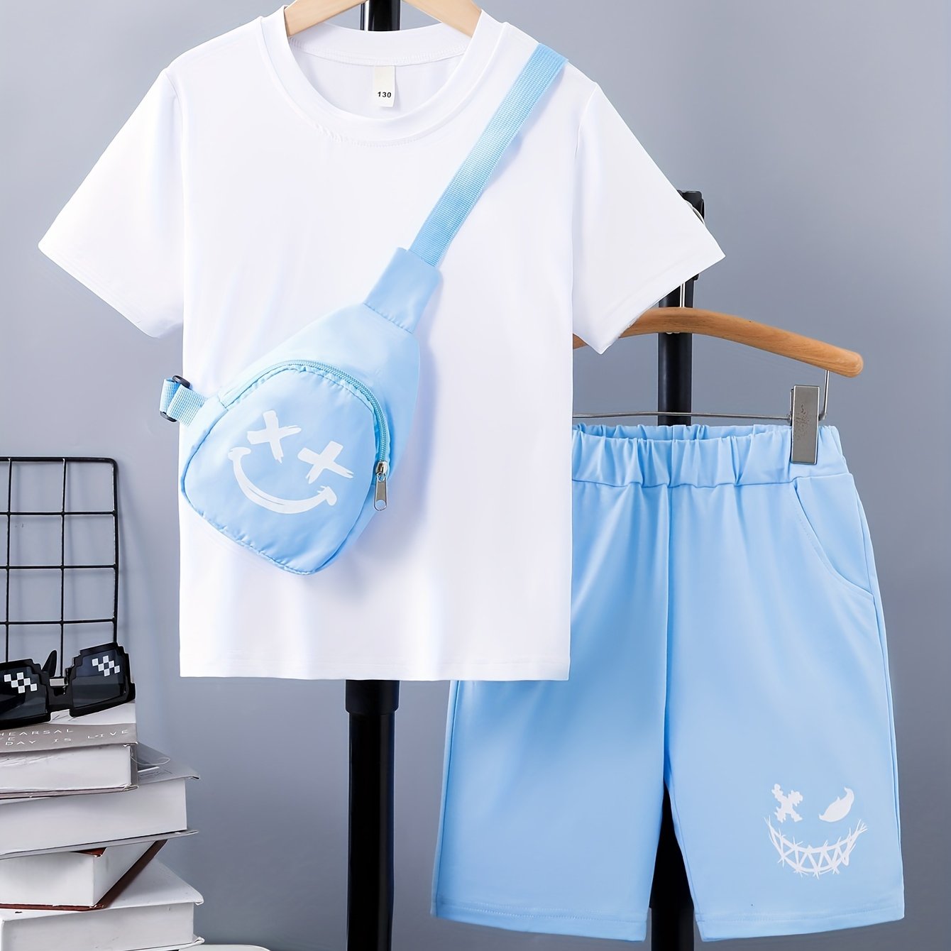 3pcs Boy's Smile Face Print Short Sleeve Casual T-Shirts & Shorts & Backpack Set, Comfy Soft Stretchable Outfits, Children's Clothing