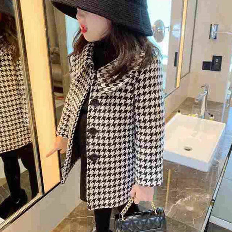 New Winter Grid Jackets Boys Girl Woolen Double-breasted Baby Boy Trench Coat Lapel Autumn Kids Outerwear Coats  Wool Overcoat