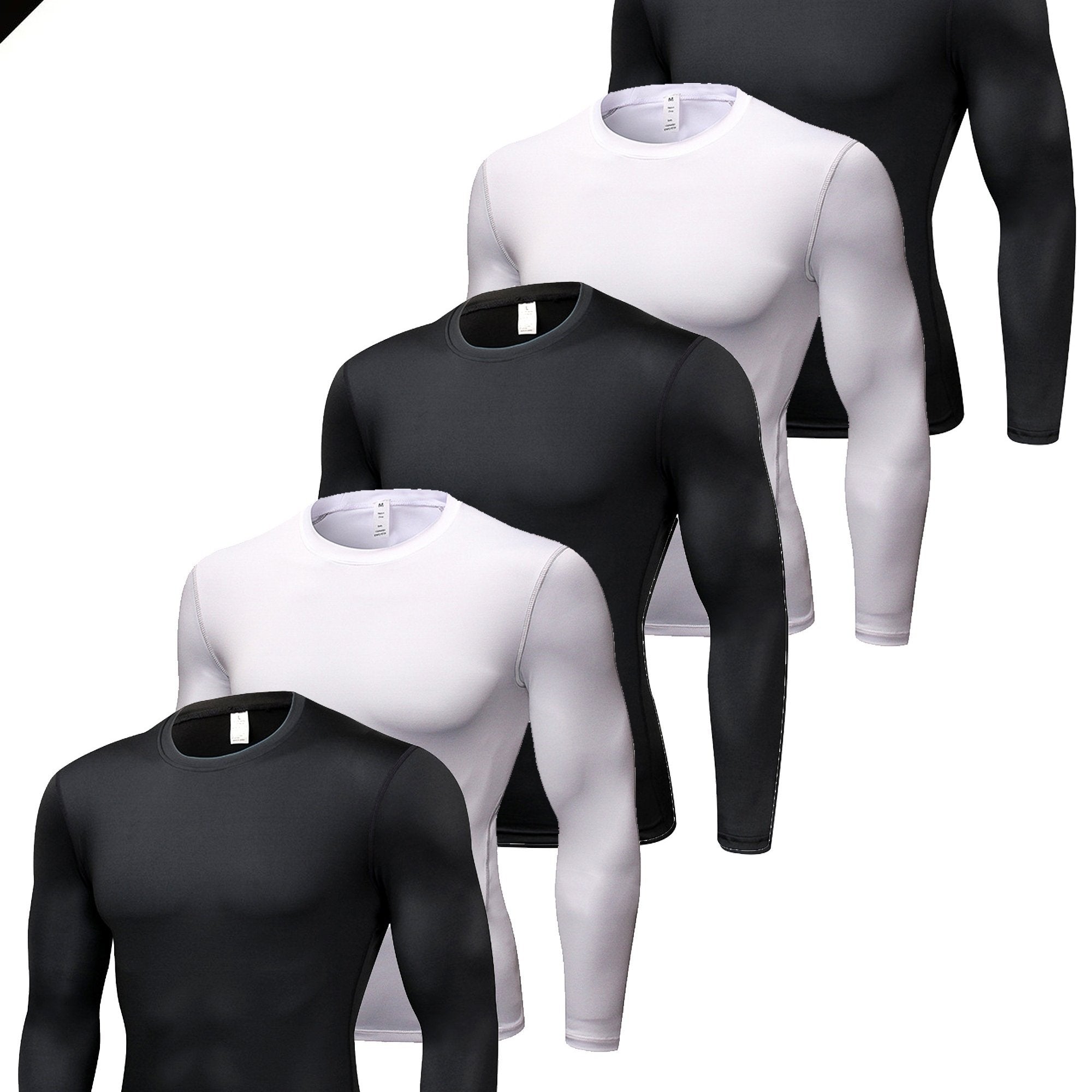 5pcs Men'S Black Compression Long Sleeve T-Shirts - High Stretch, Moisture-Wicking, Skin-Fitting Athletic Wear for Workout & Fitness, All-Season Clothing | Skin Tight Fit | Moisturewicking Fabric, Sweat-Resistant