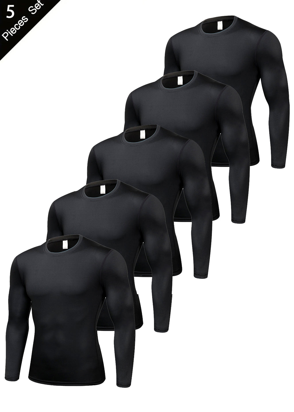 5pcs Men'S Black Compression Long Sleeve T-Shirts - High Stretch, Moisture-Wicking, Skin-Fitting Athletic Wear for Workout & Fitness, All-Season Clothing | Skin Tight Fit | Moisturewicking Fabric, Sweat-Resistant