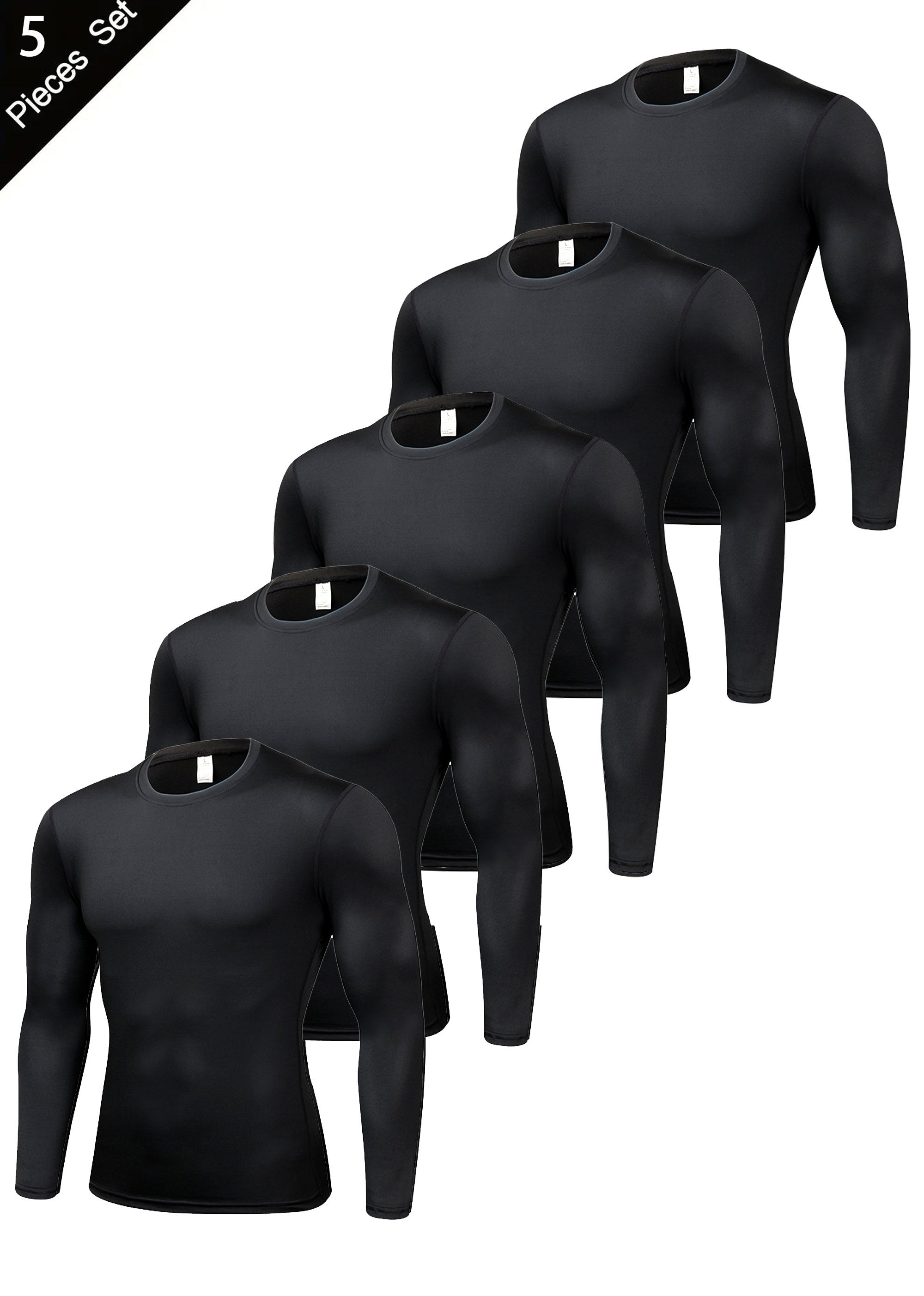 5pcs Men'S Black Compression Long Sleeve T-Shirts - High Stretch, Moisture-Wicking, Skin-Fitting Athletic Wear for Workout & Fitness, All-Season Clothing | Skin Tight Fit | Moisturewicking Fabric, Sweat-Resistant