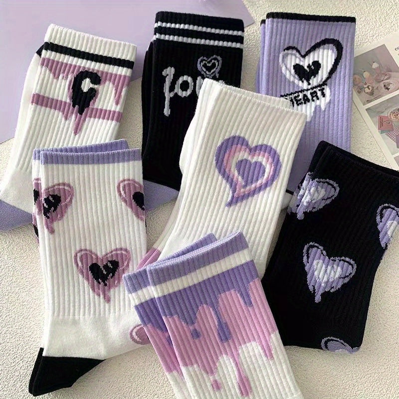 5 Pairs of Vibrant Heart & Graffiti Print Mid-Tube Sports Socks - College Style Women's Stockings & Hosiery with Comfortable Fit and Breathable Fabric