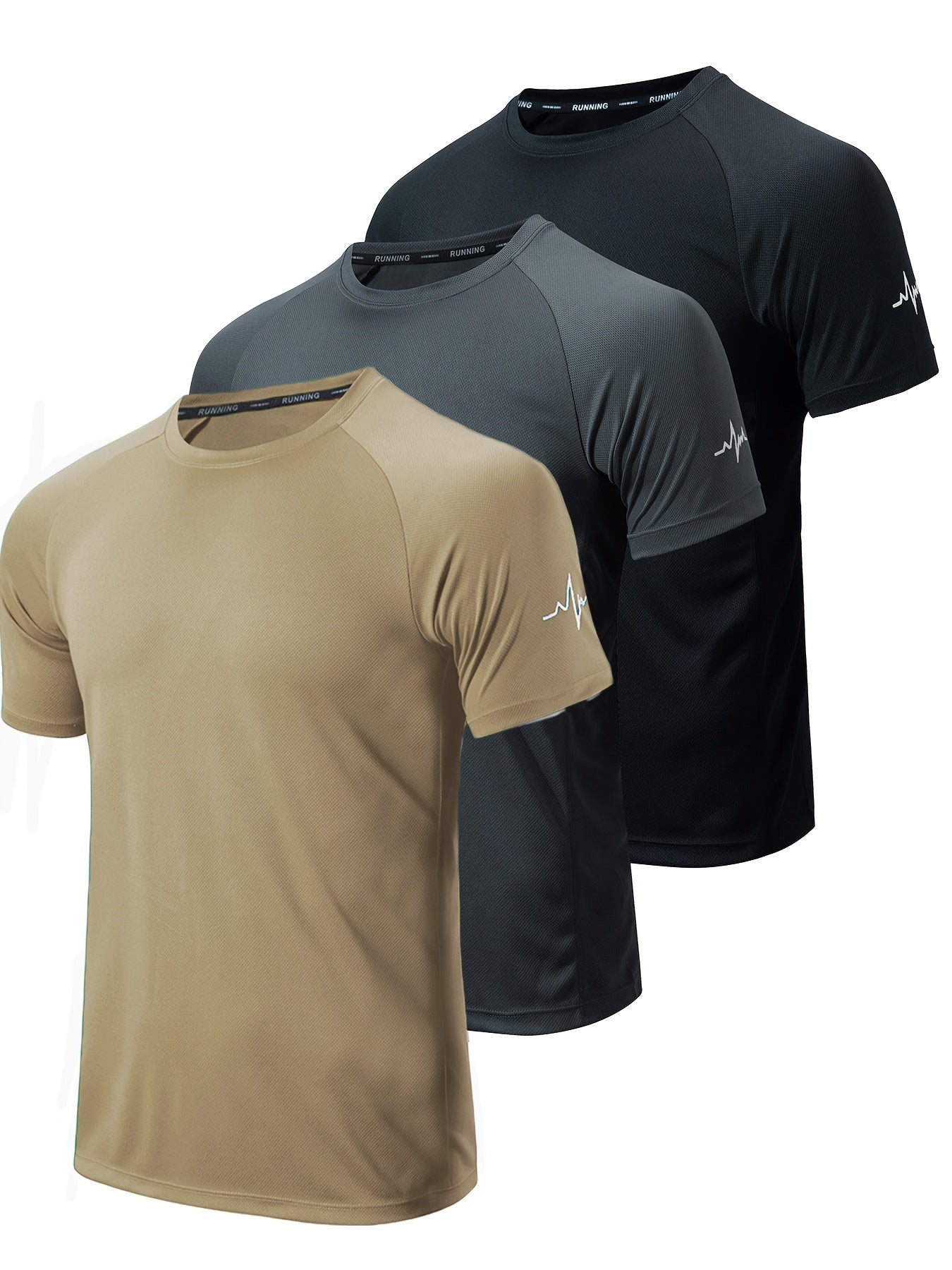 3pcs Men's Athletic Compression T-Shirts - Moisture-Wicking, Breathable Mesh Workout Shirts, Short Sleeve, Round Neck - Black, White, Camo Pattern - Perfect for Gym, Running & Training, Gym Wear | Round Neck Tee | Nontranspar