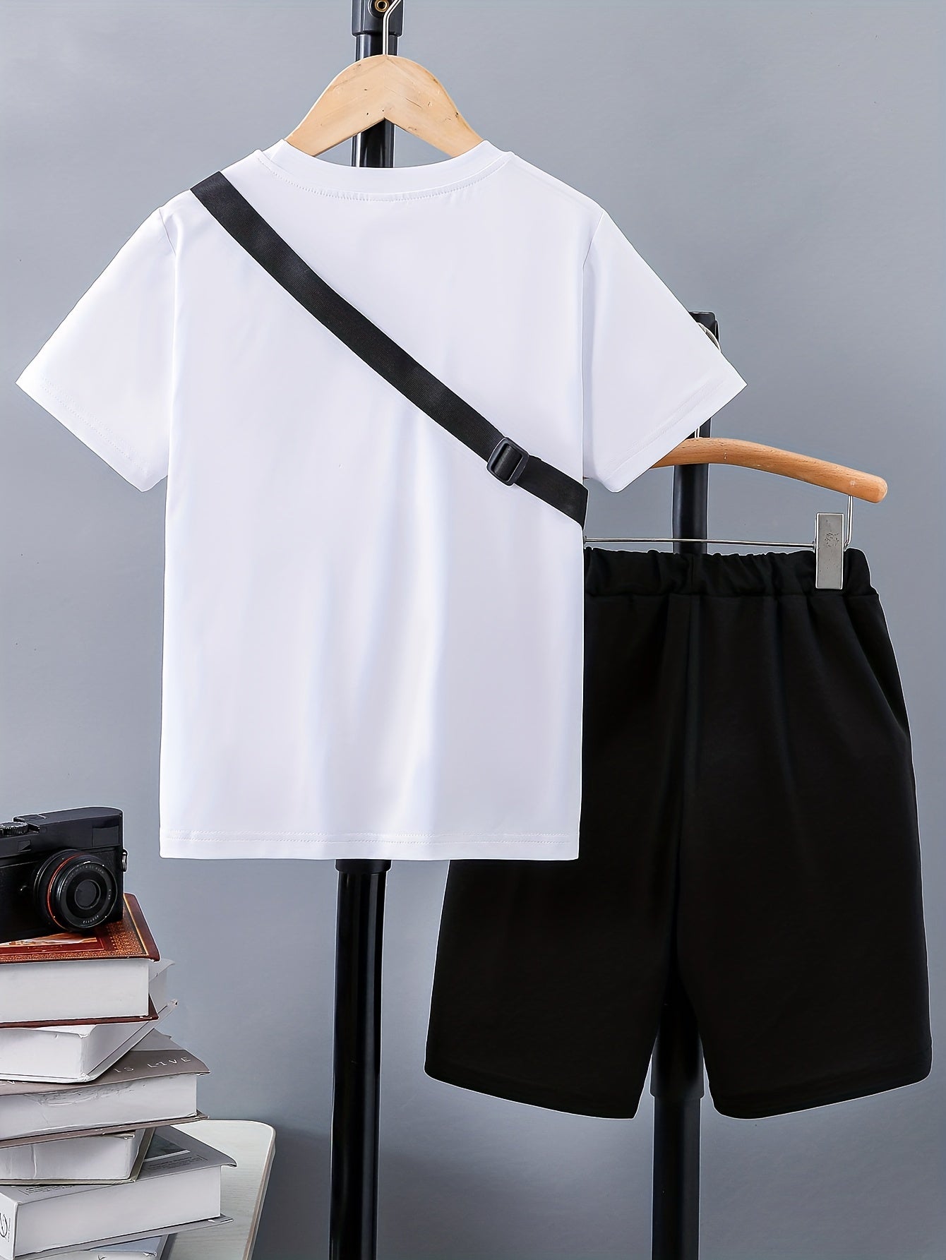 3pcs Boy's Smile Face Print Short Sleeve Casual T-Shirts & Shorts & Backpack Set, Comfy Soft Stretchable Outfits, Children's Clothing