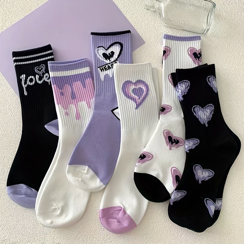 5 Pairs of Vibrant Heart & Graffiti Print Mid-Tube Sports Socks - College Style Women's Stockings & Hosiery with Comfortable Fit and Breathable Fabric
