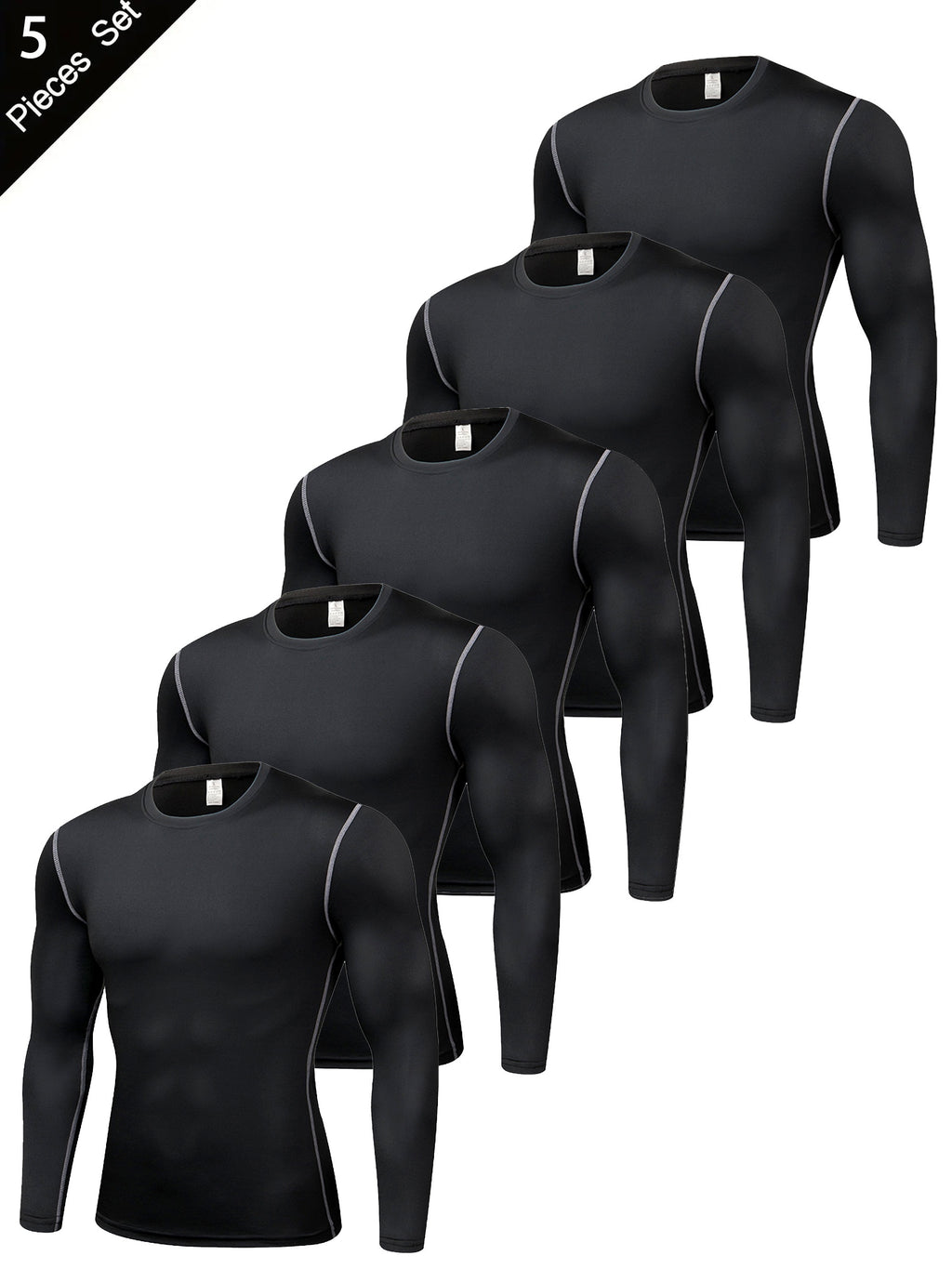 5pcs Men'S Black Compression Long Sleeve T-Shirts - High Stretch, Moisture-Wicking, Skin-Fitting Athletic Wear for Workout & Fitness, All-Season Clothing | Skin Tight Fit | Moisturewicking Fabric, Sweat-Resistant