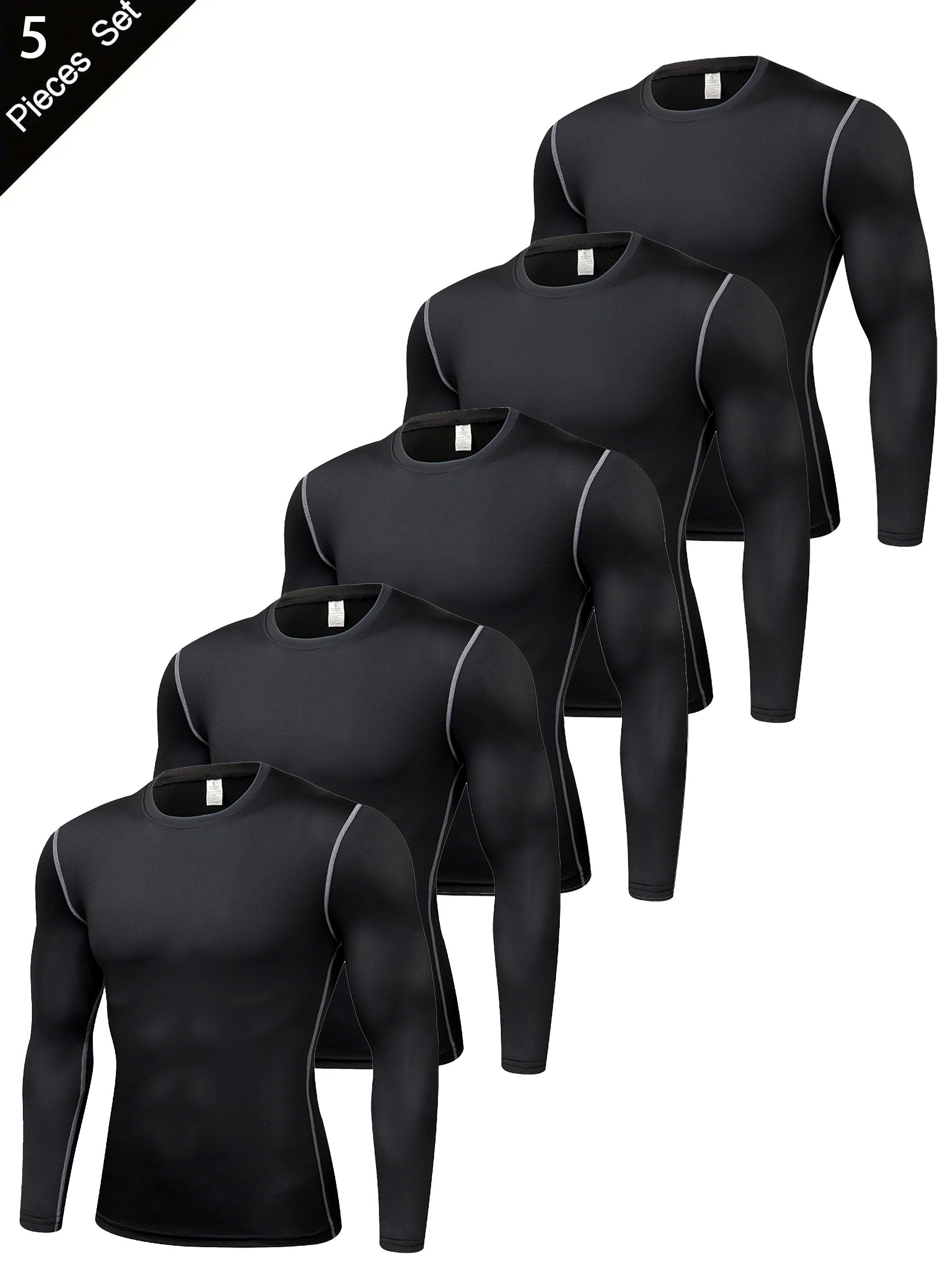 5pcs Men'S Black Compression Long Sleeve T-Shirts - High Stretch, Moisture-Wicking, Skin-Fitting Athletic Wear for Workout & Fitness, All-Season Clothing | Skin Tight Fit | Moisturewicking Fabric, Sweat-Resistant