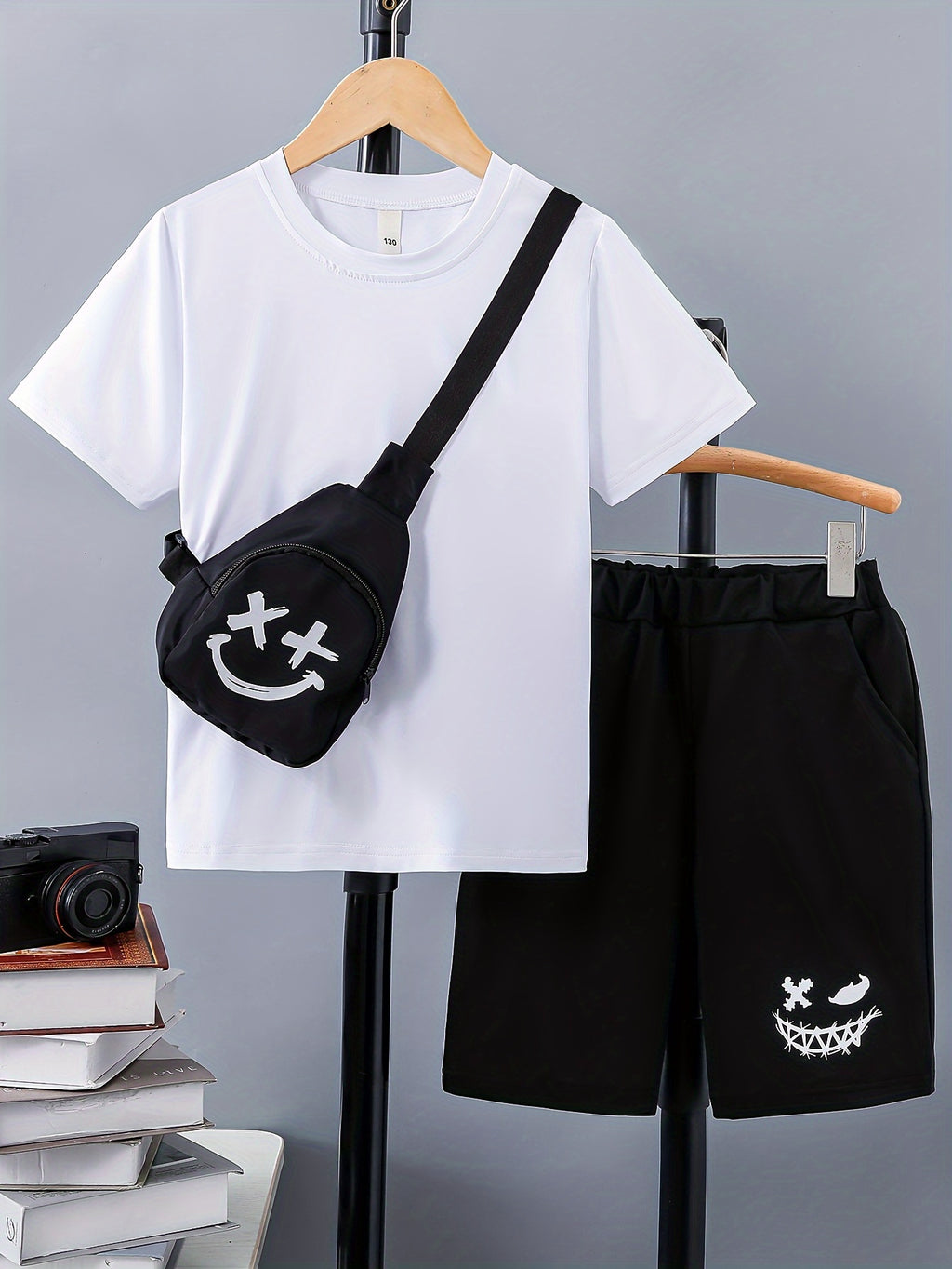 3pcs Boy's Smile Face Print Short Sleeve Casual T-Shirts & Shorts & Backpack Set, Comfy Soft Stretchable Outfits, Children's Clothing