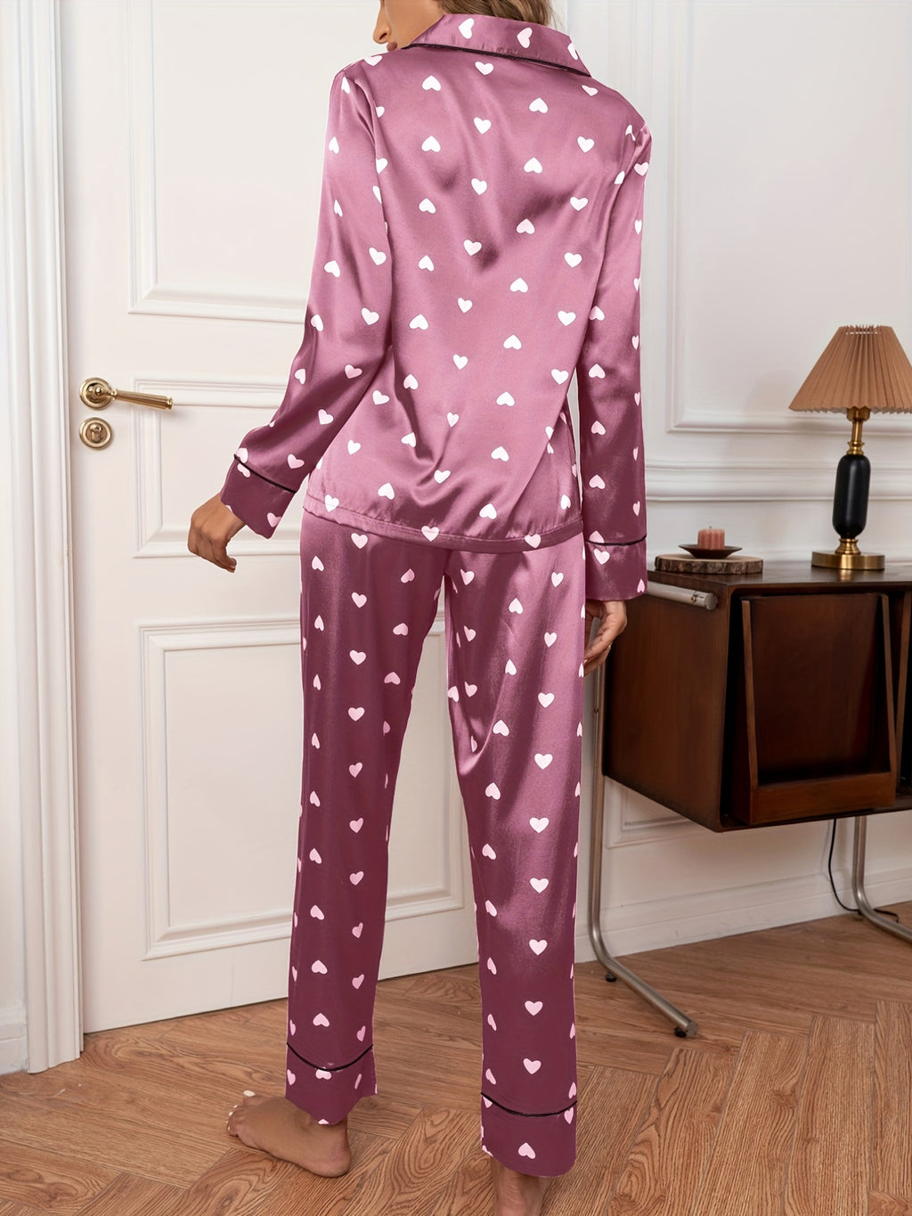 Red love print long-sleeved PJS two-piece ladies adult autumn and winter home elegant casual sleep wear pj set
