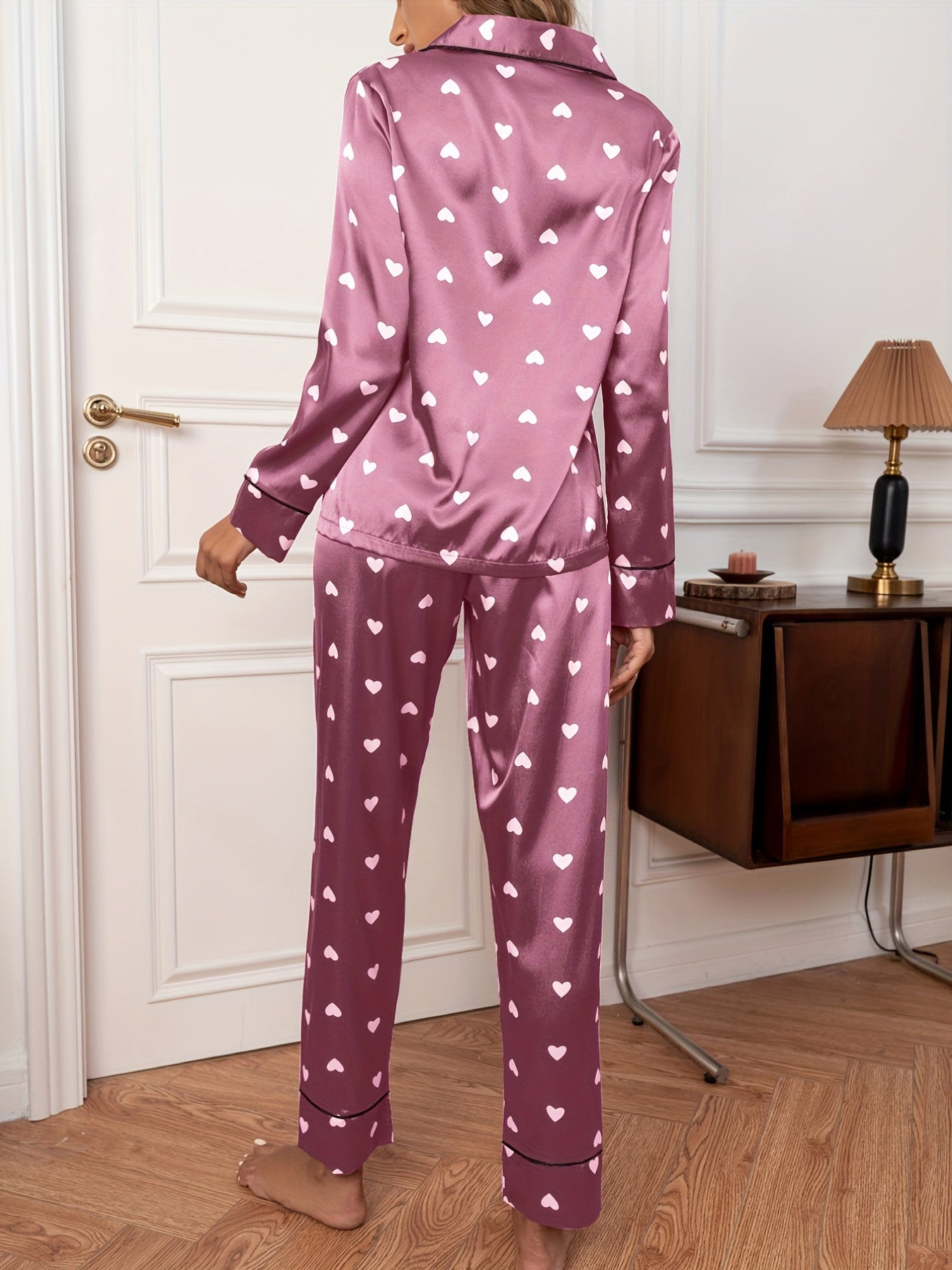 Red love print long-sleeved PJS two-piece ladies adult autumn and winter home elegant casual sleep wear pj set