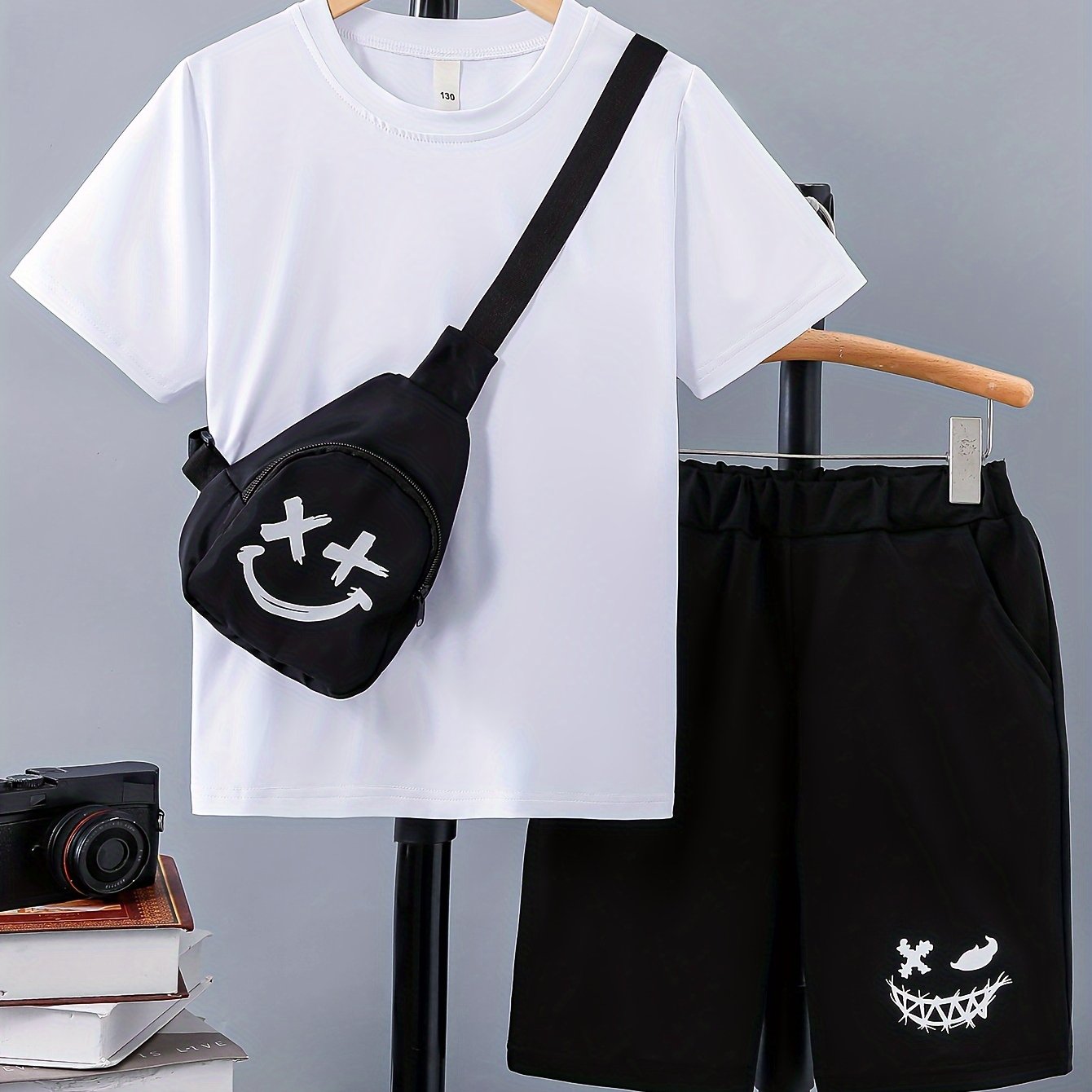 3pcs Boy's Smile Face Print Short Sleeve Casual T-Shirts & Shorts & Backpack Set, Comfy Soft Stretchable Outfits, Children's Clothing
