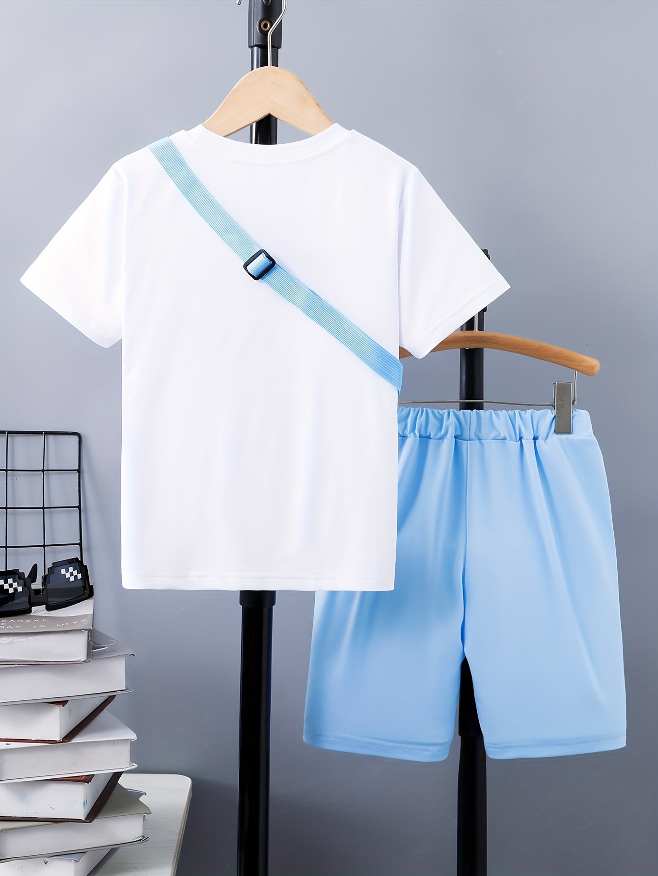 3pcs Boy's Smile Face Print Short Sleeve Casual T-Shirts & Shorts & Backpack Set, Comfy Soft Stretchable Outfits, Children's Clothing