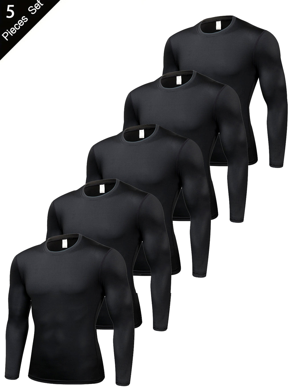 5pcs Men'S Black Compression Long Sleeve T-Shirts - High Stretch, Moisture-Wicking, Skin-Fitting Athletic Wear for Workout & Fitness, All-Season Clothing | Skin Tight Fit | Moisturewicking Fabric, Sweat-Resistant