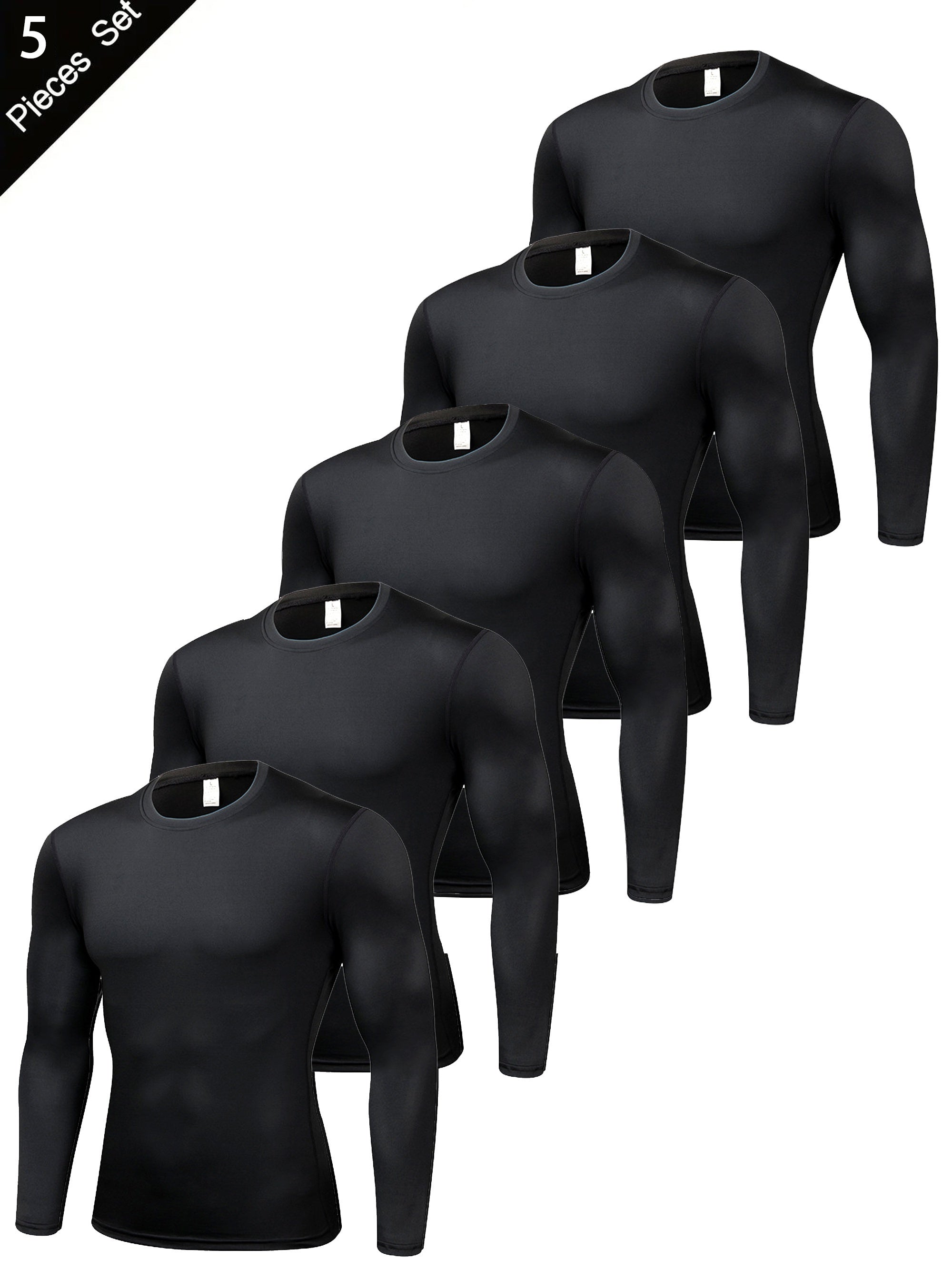 5pcs Men'S Black Compression Long Sleeve T-Shirts - High Stretch, Moisture-Wicking, Skin-Fitting Athletic Wear for Workout & Fitness, All-Season Clothing | Skin Tight Fit | Moisturewicking Fabric, Sweat-Resistant