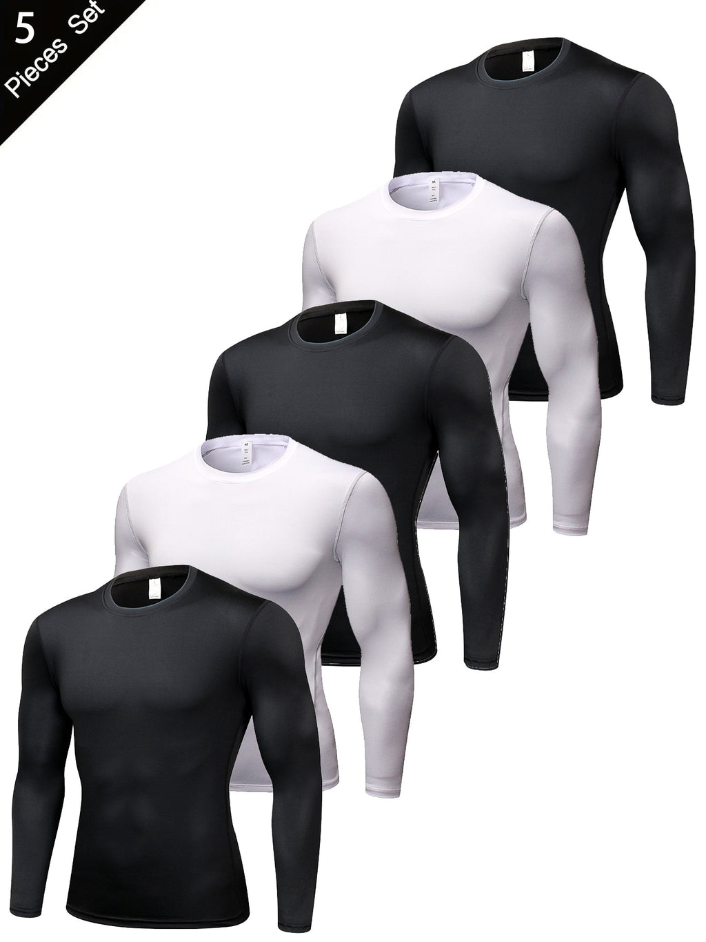 5pcs Men'S Black Compression Long Sleeve T-Shirts - High Stretch, Moisture-Wicking, Skin-Fitting Athletic Wear for Workout & Fitness, All-Season Clothing | Skin Tight Fit | Moisturewicking Fabric, Sweat-Resistant