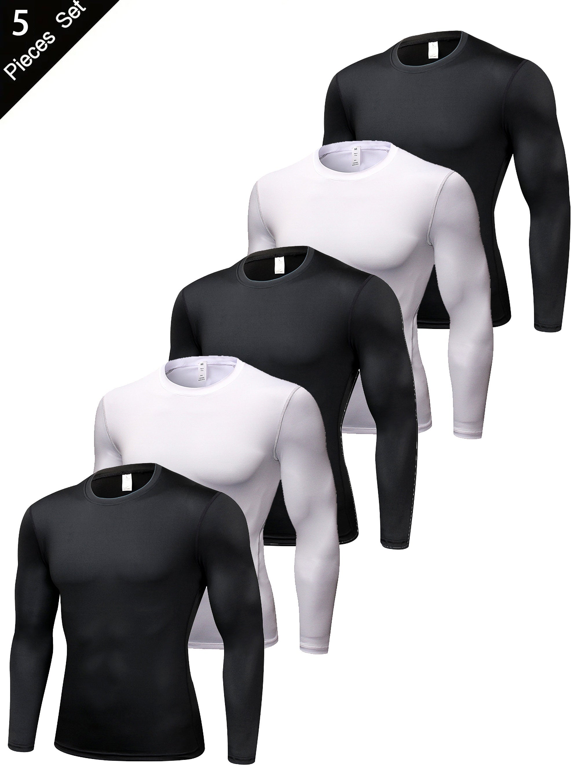 5pcs Men'S Black Compression Long Sleeve T-Shirts - High Stretch, Moisture-Wicking, Skin-Fitting Athletic Wear for Workout & Fitness, All-Season Clothing | Skin Tight Fit | Moisturewicking Fabric, Sweat-Resistant