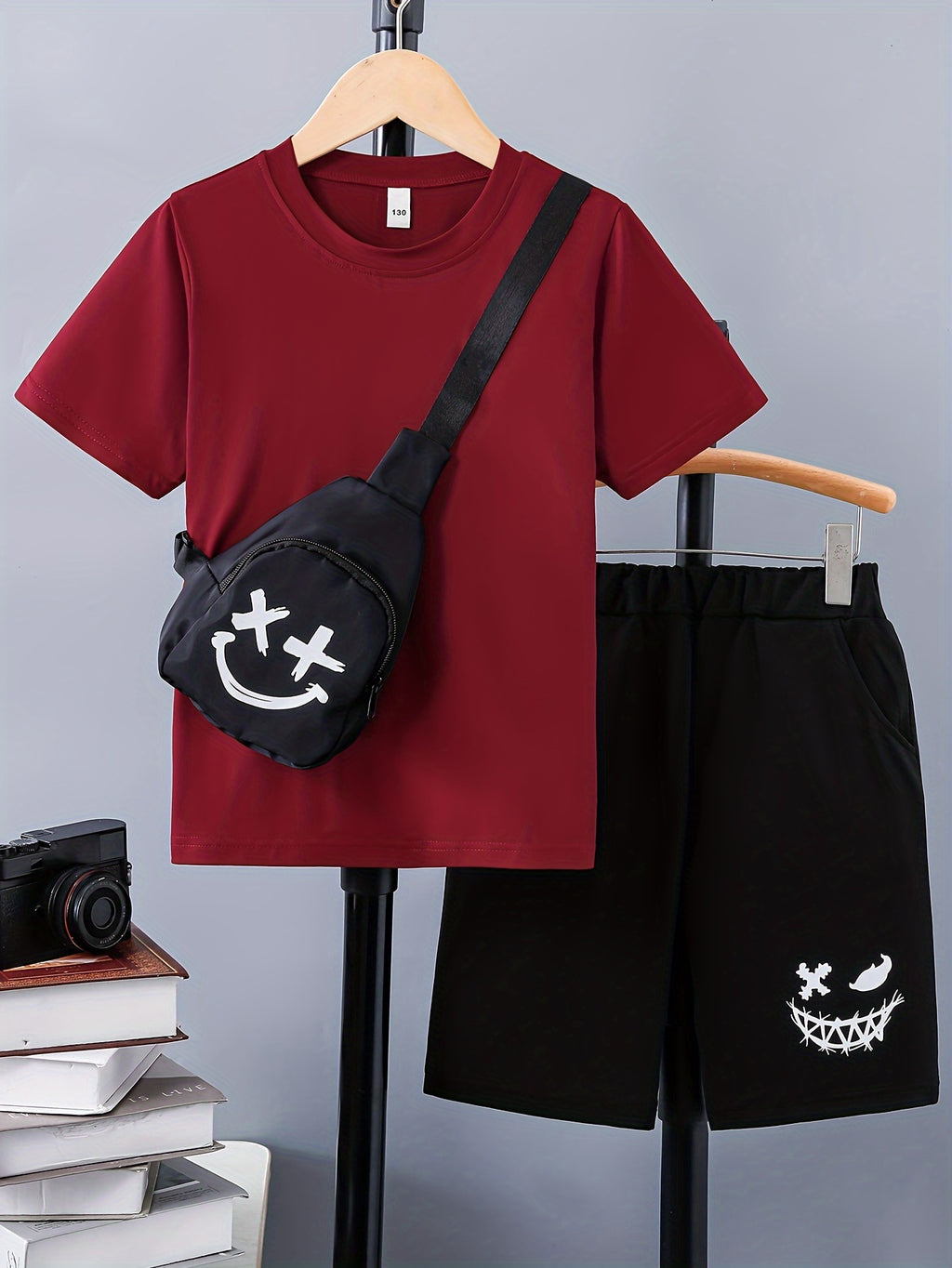 3pcs Boy's Smile Face Print Short Sleeve Casual T-Shirts & Shorts & Backpack Set, Comfy Soft Stretchable Outfits, Children's Clothing