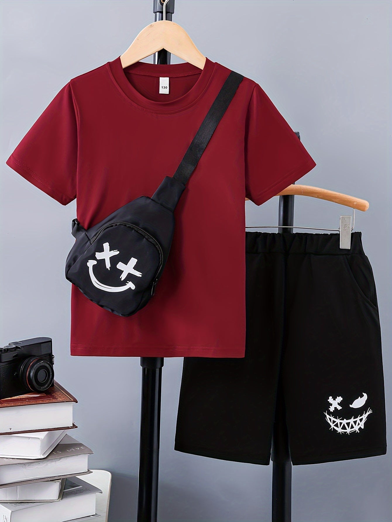 3pcs Boy's Smile Face Print Short Sleeve Casual T-Shirts & Shorts & Backpack Set, Comfy Soft Stretchable Outfits, Children's Clothing