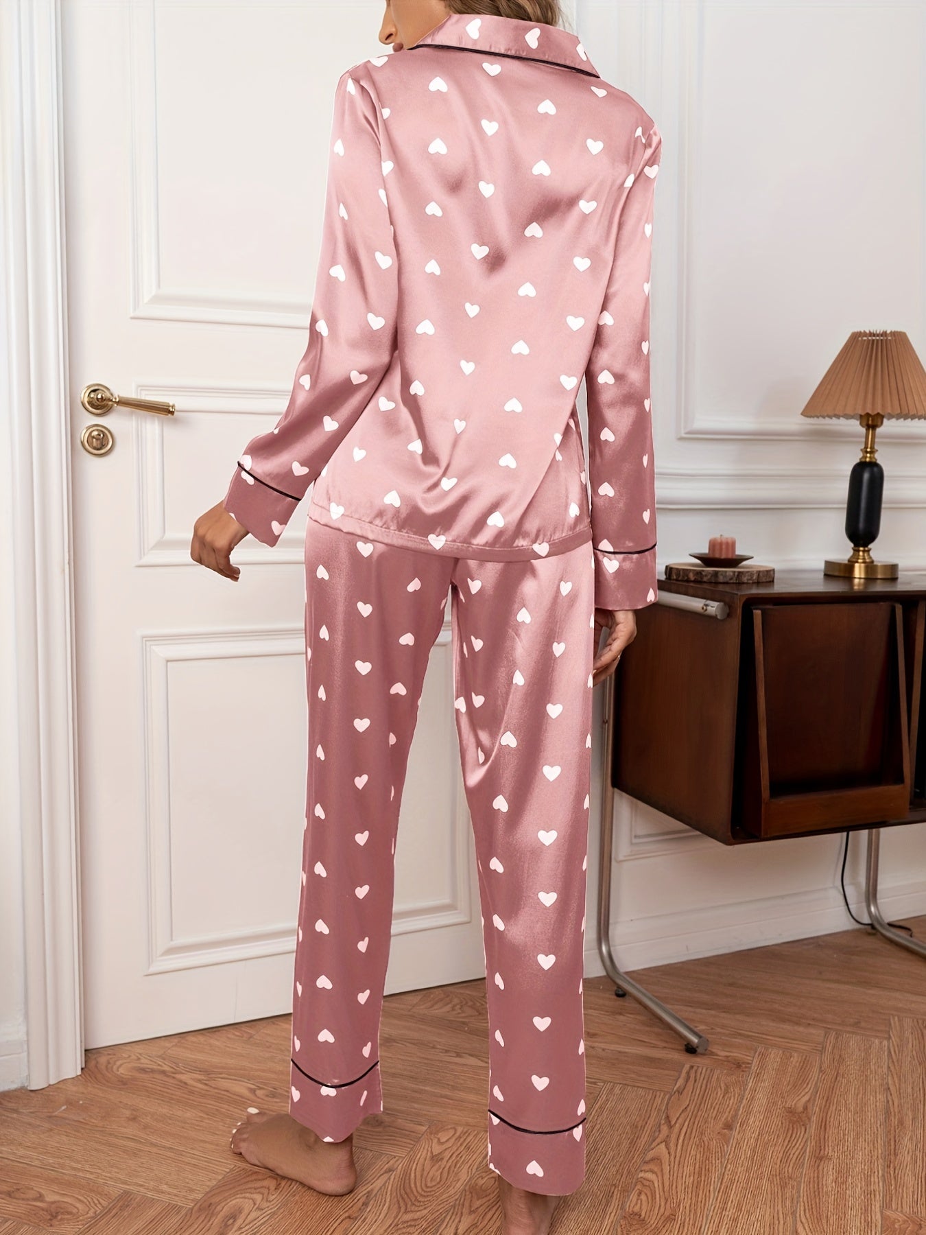 Red love print long-sleeved PJS two-piece ladies adult autumn and winter home elegant casual sleep wear pj set