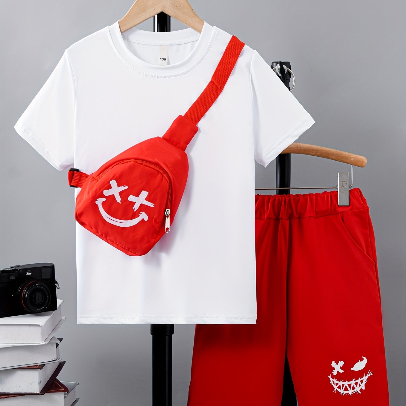 3pcs Boy's Smile Face Print Short Sleeve Casual T-Shirts & Shorts & Backpack Set, Comfy Soft Stretchable Outfits, Children's Clothing