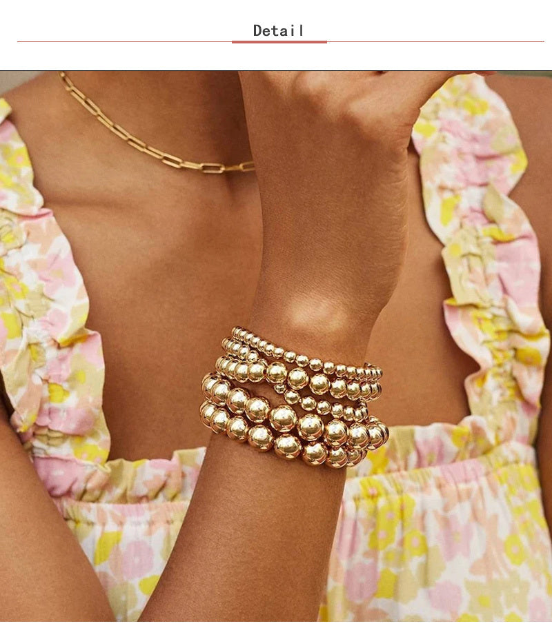 1 Piece 14K Plated Beaded Stackable Stretch Bracelet - Adjustable, Handcrafted, Dainty Jewelry for Women and Girls - Perfect for Everyday Wear and Gift Giving