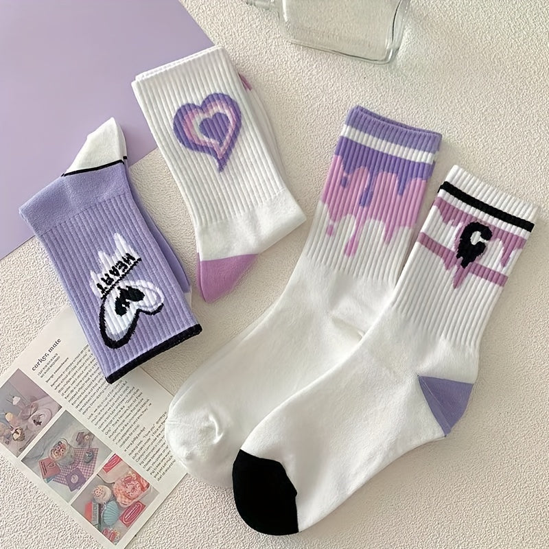 5 Pairs of Vibrant Heart & Graffiti Print Mid-Tube Sports Socks - College Style Women's Stockings & Hosiery with Comfortable Fit and Breathable Fabric