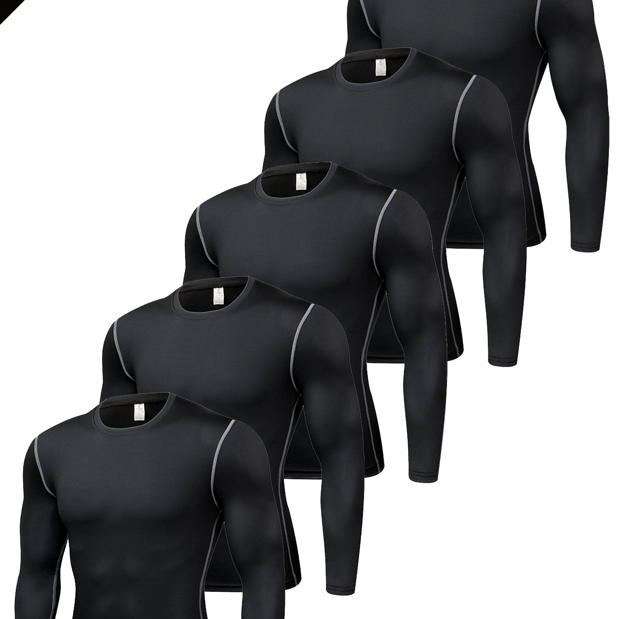 5pcs Men'S Black Compression Long Sleeve T-Shirts - High Stretch, Moisture-Wicking, Skin-Fitting Athletic Wear for Workout & Fitness, All-Season Clothing | Skin Tight Fit | Moisturewicking Fabric, Sweat-Resistant