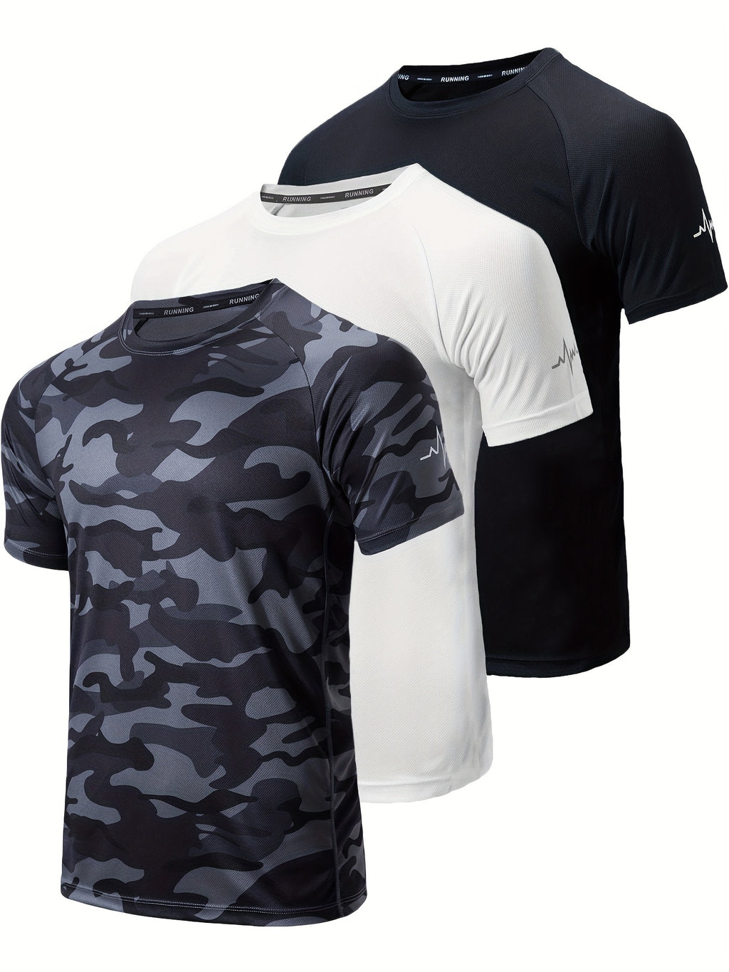 3pcs Men's Athletic Compression T-Shirts - Moisture-Wicking, Breathable Mesh Workout Shirts, Short Sleeve, Round Neck - Black, White, Camo Pattern - Perfect for Gym, Running & Training, Gym Wear | Round Neck Tee | Nontranspar