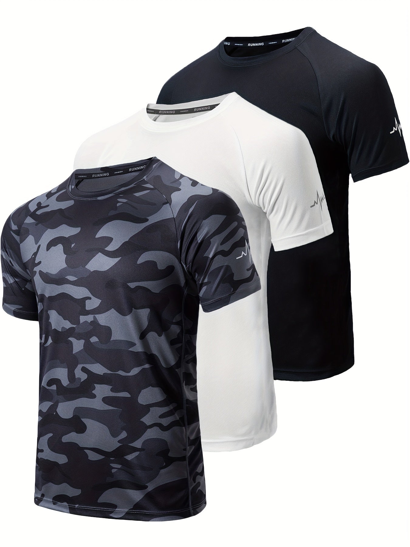 3pcs Men's Athletic Compression T-Shirts - Moisture-Wicking, Breathable Mesh Workout Shirts, Short Sleeve, Round Neck - Black, White, Camo Pattern - Perfect for Gym, Running & Training, Gym Wear | Round Neck Tee | Nontranspar