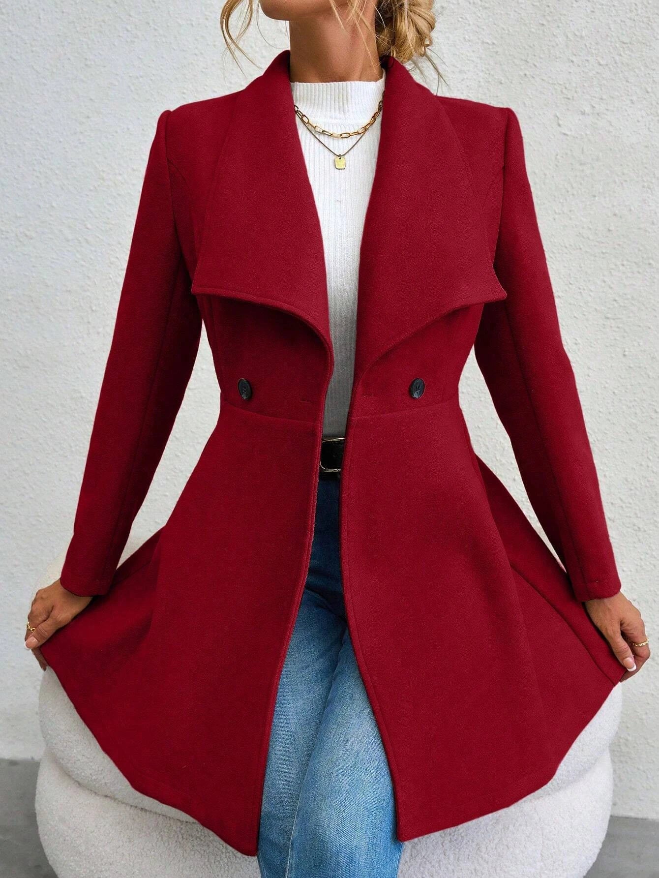 Mia Muse Women's Coats Winter Solid Color Long Sleeve Lapel Button-Up Work Coats New Year Red Valentine's Day Gift Outerwears