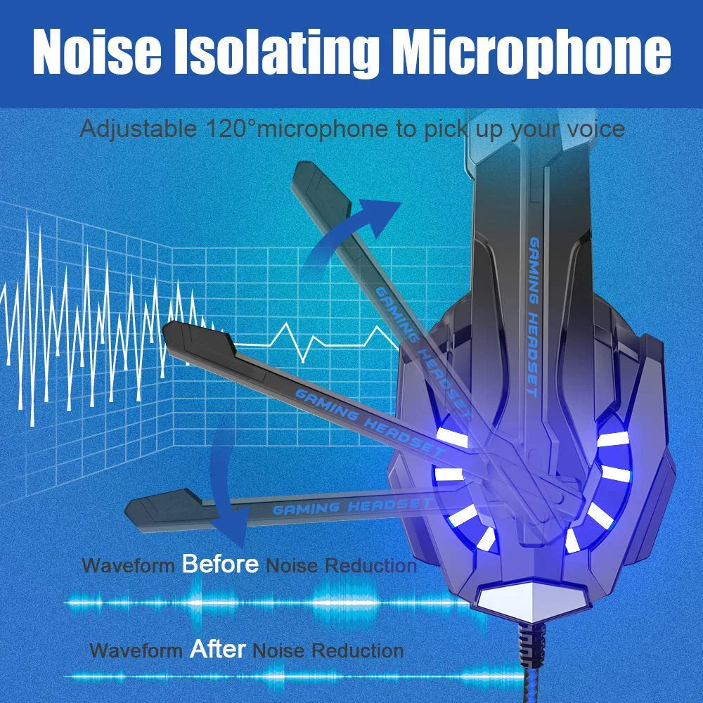 Gamer LED Headband Over-Ear Headphones with Microphone Noise Cancelling Video Games Sports Accessories