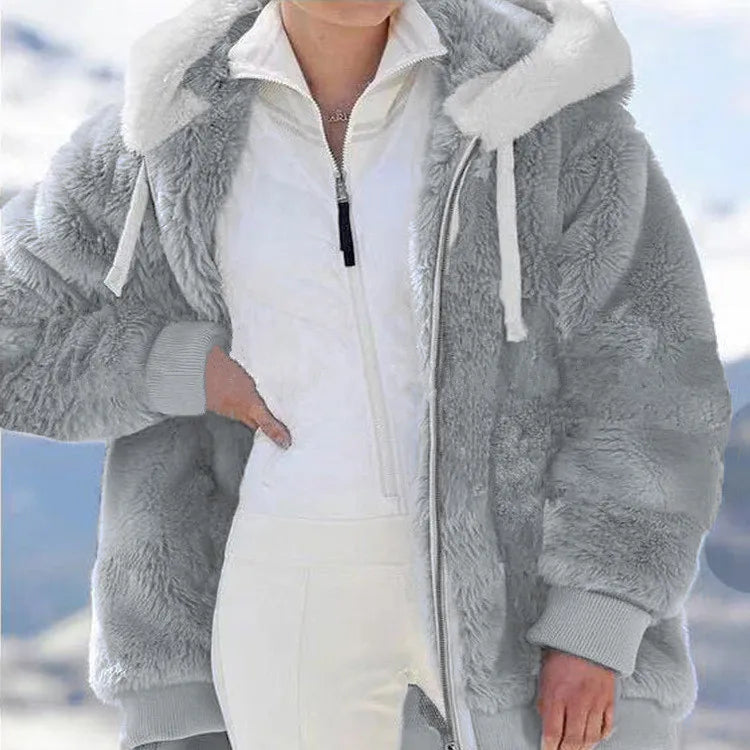Winter Women Jackets Plush Casual Oversize Fleece Plaid Y2K Hooded Zipper Fashion Cashmere Warm Solid Color Ladies Coats