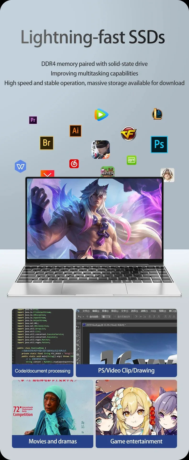 14" Business Laptop Intel N3700 16GB RAM384GB Storage Ultra thin body Gaming laptops Windows 11 pc gaming  256GB/512GB/1TBsilver
