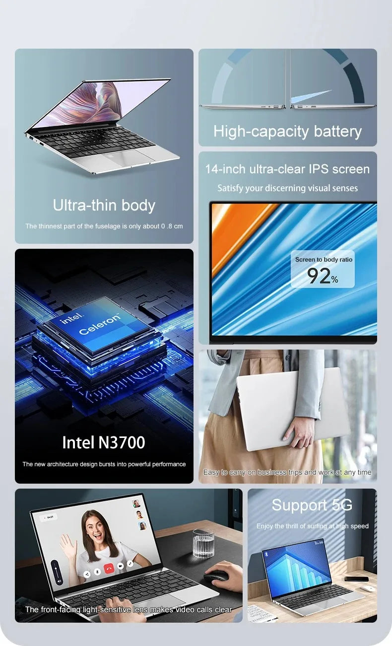 14" Business Laptop Intel N3700 16GB RAM384GB Storage Ultra thin body Gaming laptops Windows 11 pc gaming  256GB/512GB/1TBsilver