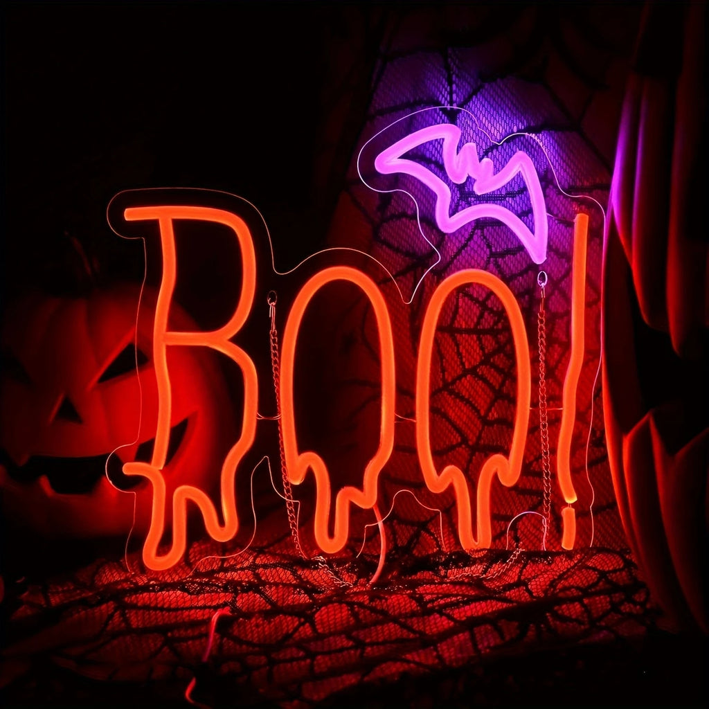 Halloween Party Neon Light Decor BOO Bat Design Multicolor Adjustable Brightness USB Powered Push Button Control Wall Hanging No