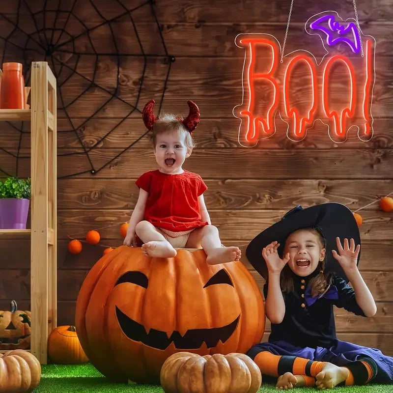 Halloween Party Neon Light Decor BOO Bat Design Multicolor Adjustable Brightness USB Powered Push Button Control Wall Hanging No