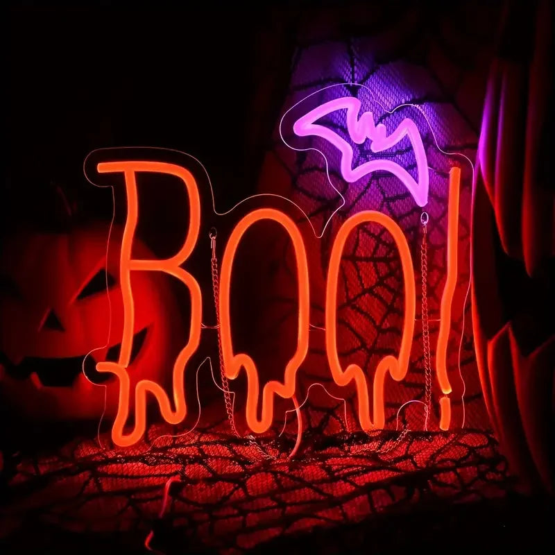 Halloween Party Neon Light Decor BOO Bat Design Multicolor Adjustable Brightness USB Powered Push Button Control Wall Hanging No