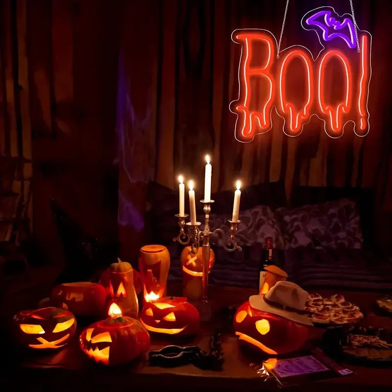 Halloween Party Neon Light Decor BOO Bat Design Multicolor Adjustable Brightness USB Powered Push Button Control Wall Hanging No