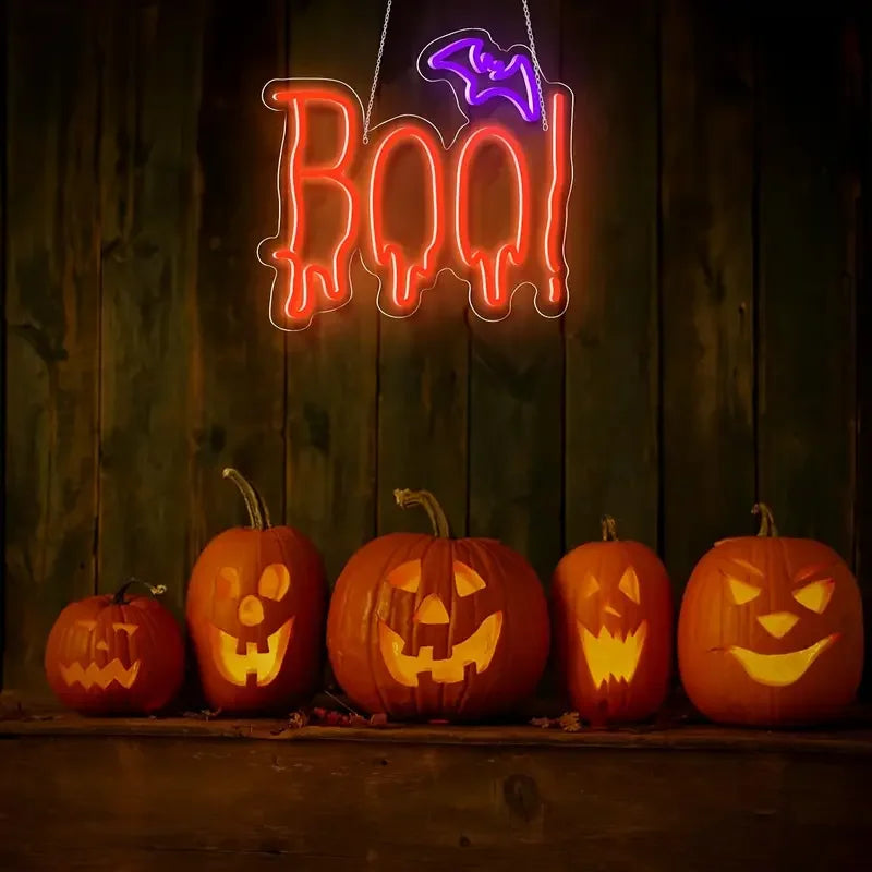 Halloween Party Neon Light Decor BOO Bat Design Multicolor Adjustable Brightness USB Powered Push Button Control Wall Hanging No