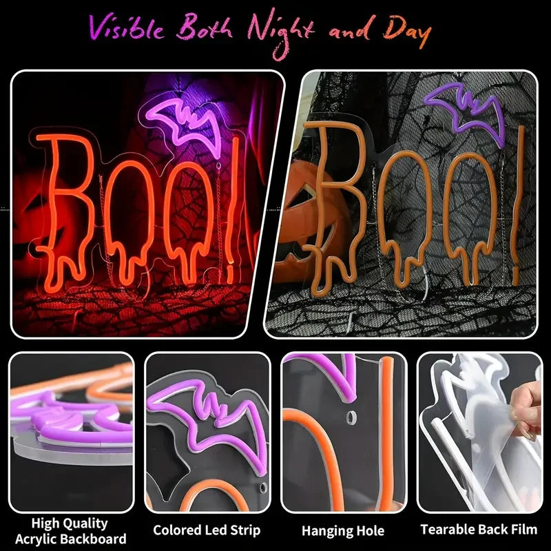 Halloween Party Neon Light Decor BOO Bat Design Multicolor Adjustable Brightness USB Powered Push Button Control Wall Hanging No