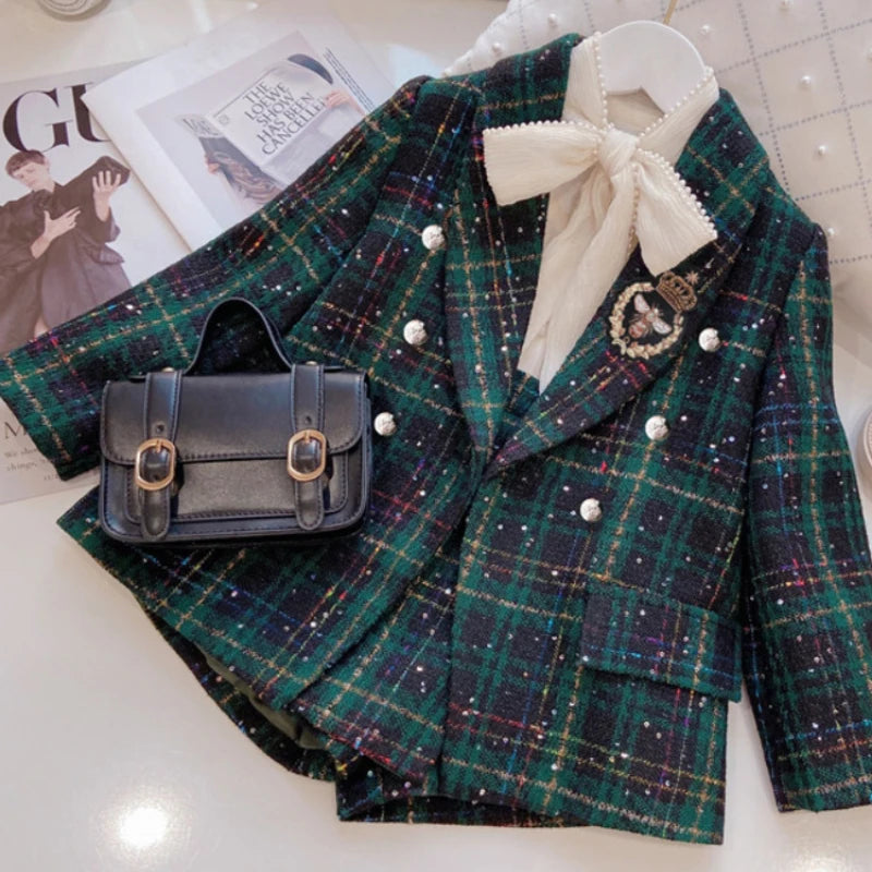 New Winter Grid Jackets Boys Girl Woolen Double-breasted Baby Boy Trench Coat Lapel Autumn Kids Outerwear Coats  Wool Overcoat