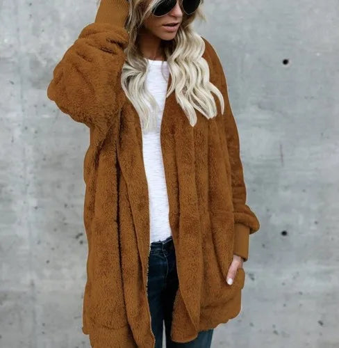Clearance_Autumn Winter Double Fleece Cardigan Jacket Women Solid Color Long Sleeve Plush Warm Hooded Lady Jacket Oversized Oute