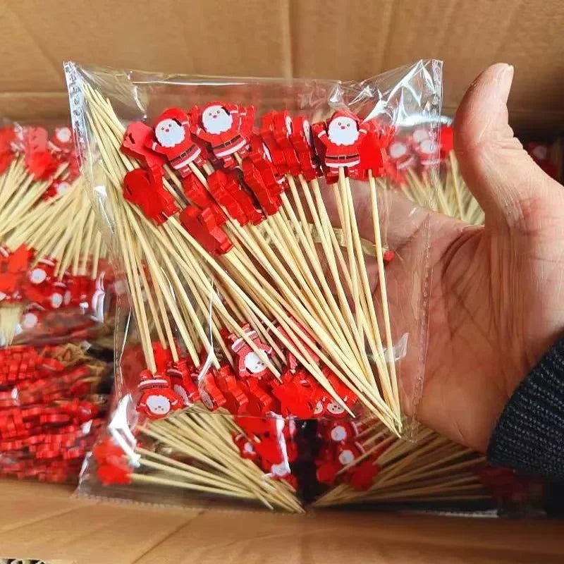 Christmas Fruit Sticks Santa Claus Disposable Bamboo Woven Toothpicks Buffet Paper Cups Cake Forks Party Decorations Toothpicks